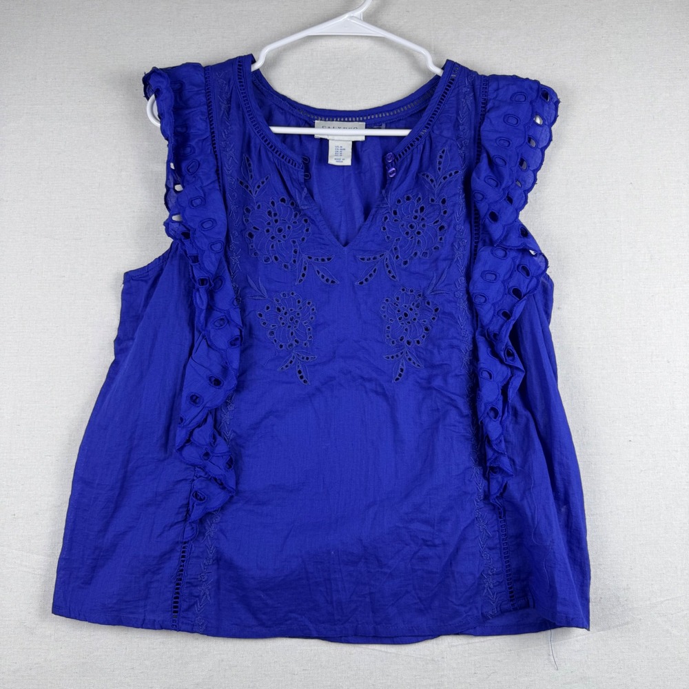 Calypso St. Barth Royal Blue Eyelet Ruffle Embroidered Cotton Top Medium NWOT